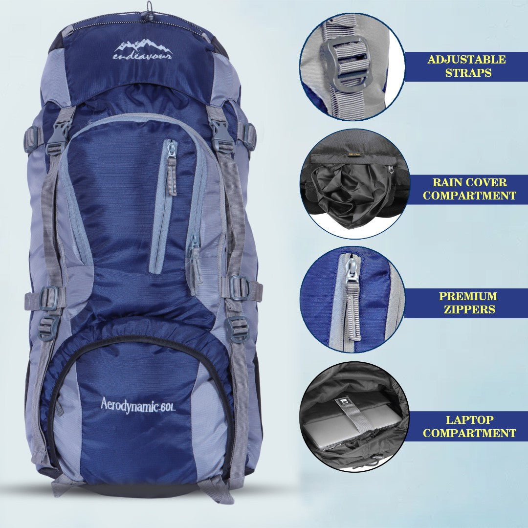 Endeavour Aerodynamic Rucksack For Hiking/Camping/Trekking with Rain Cover/Shoe & Laptop Compartment - 60 Ltr