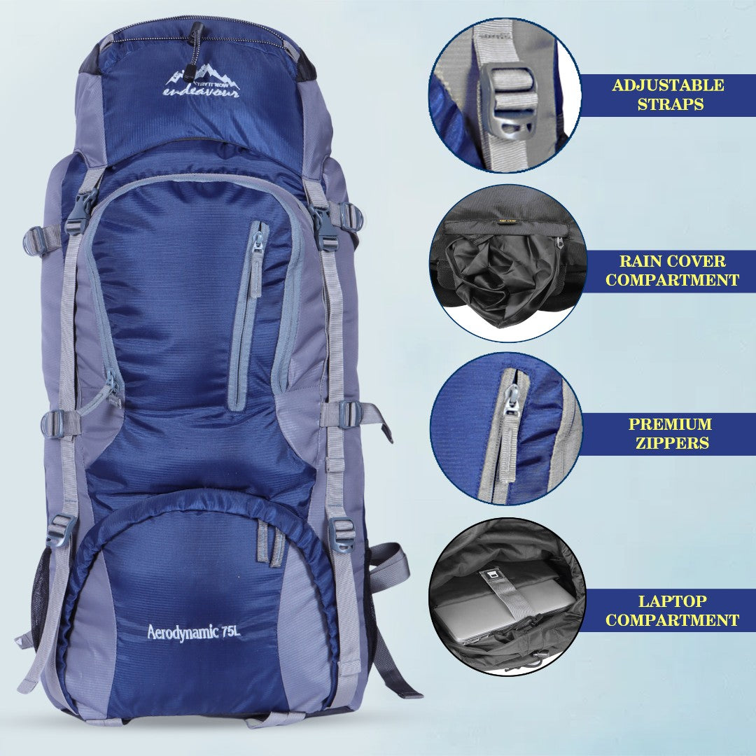 Endeavour Aerodynamic Rucksack For Hiking/Camping/Trekking with Rain Cover/Shoe & Laptop Compartment - 75 Ltr
