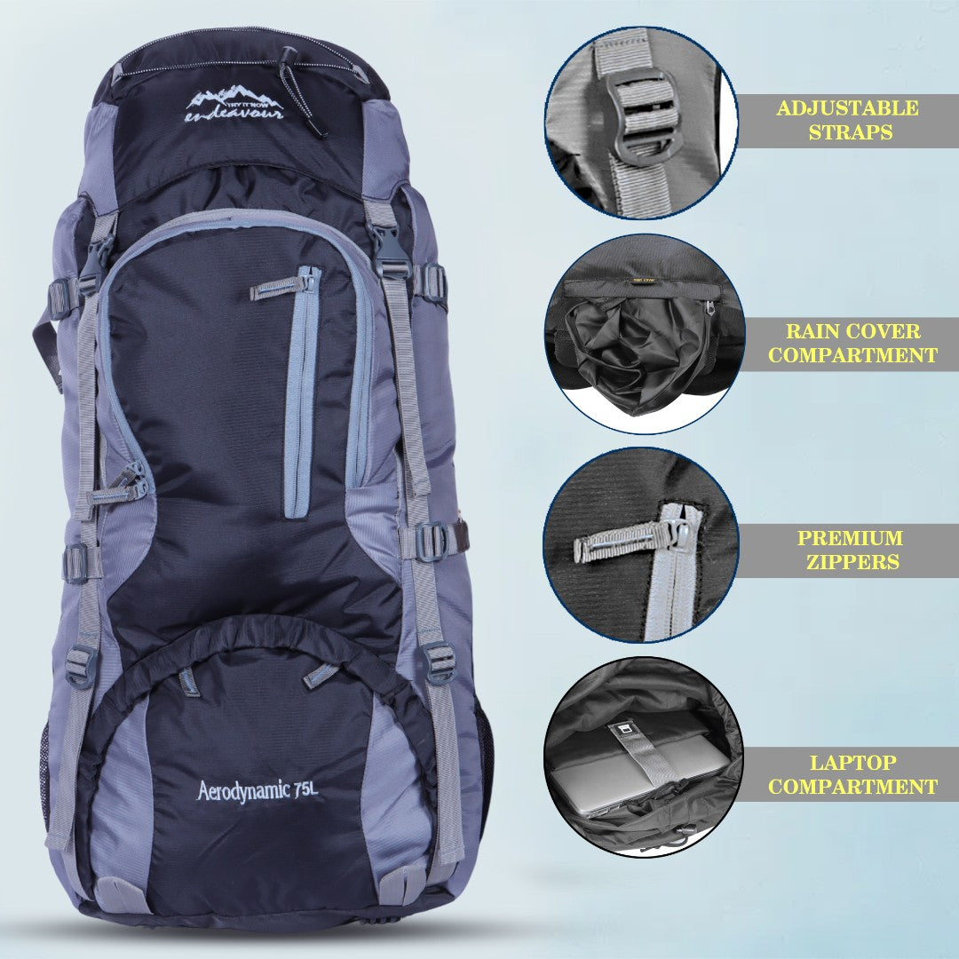 Endeavour Aerodynamic Rucksack For Hiking/Camping/Trekking with Rain Cover/Shoe & Laptop Compartment - 75 Ltr