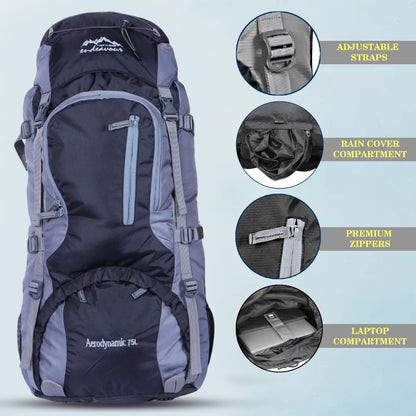 Endeavour Aerodynamic Rucksack For Hiking/Camping/Trekking with Rain Cover/Shoe & Laptop Compartment - 75 Ltr