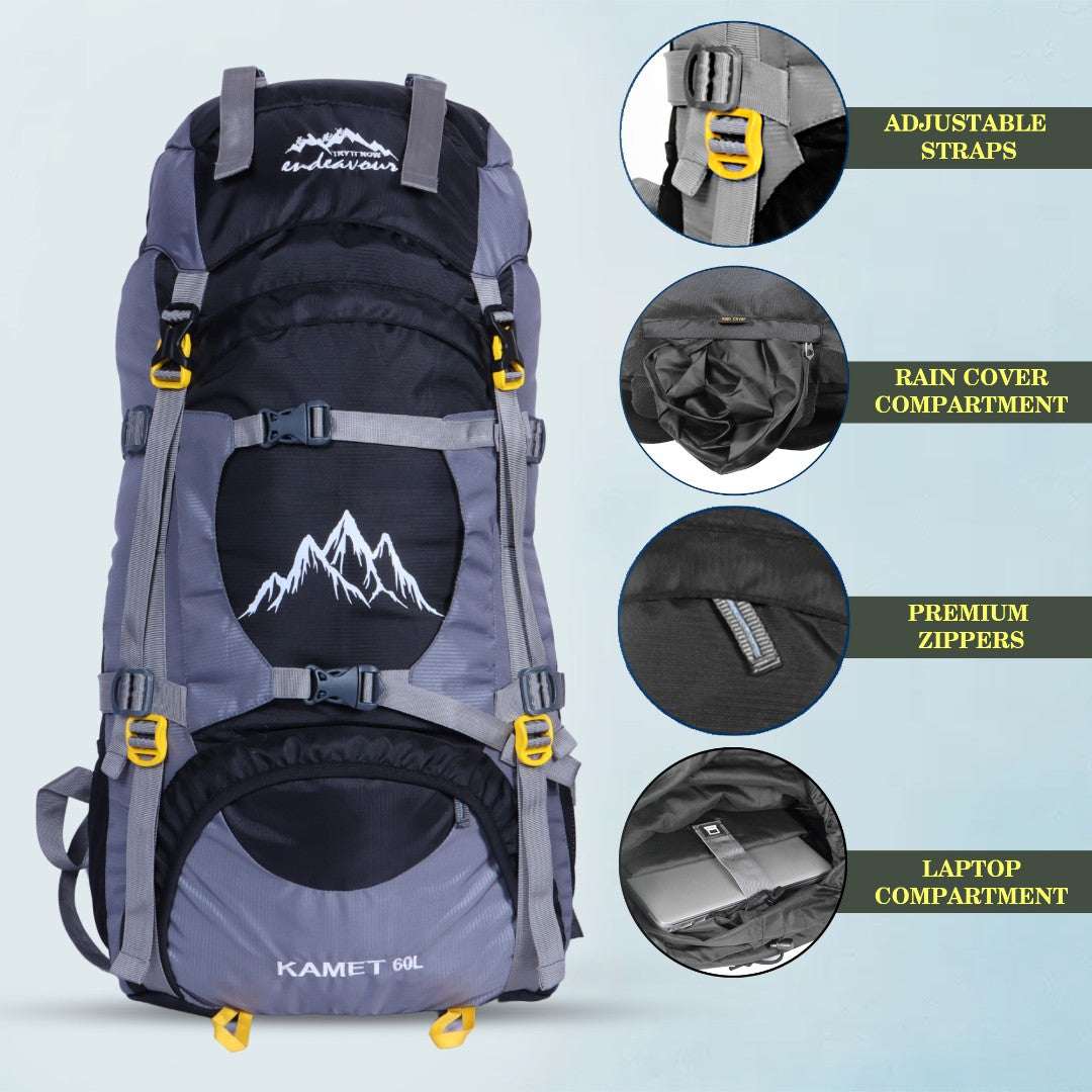 Endeavour Kamet Rucksack For Hiking/Camping/Trekking with Rain Cover/Shoe & Laptop Compartment - 60 Ltr
