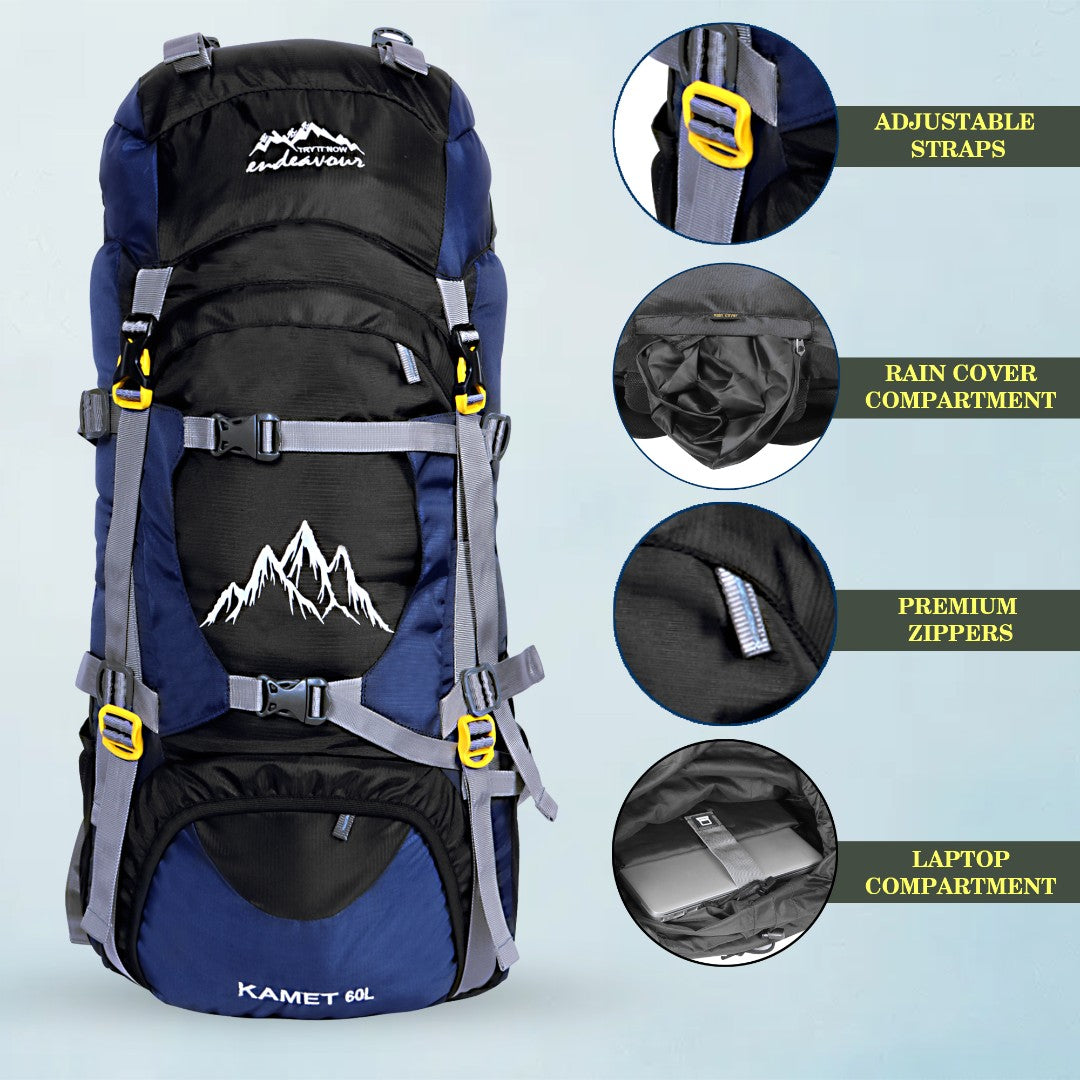 Endeavour Kamet Rucksack For Hiking/Camping/Trekking with Rain Cover/Shoe & Laptop Compartment - 60 Ltr