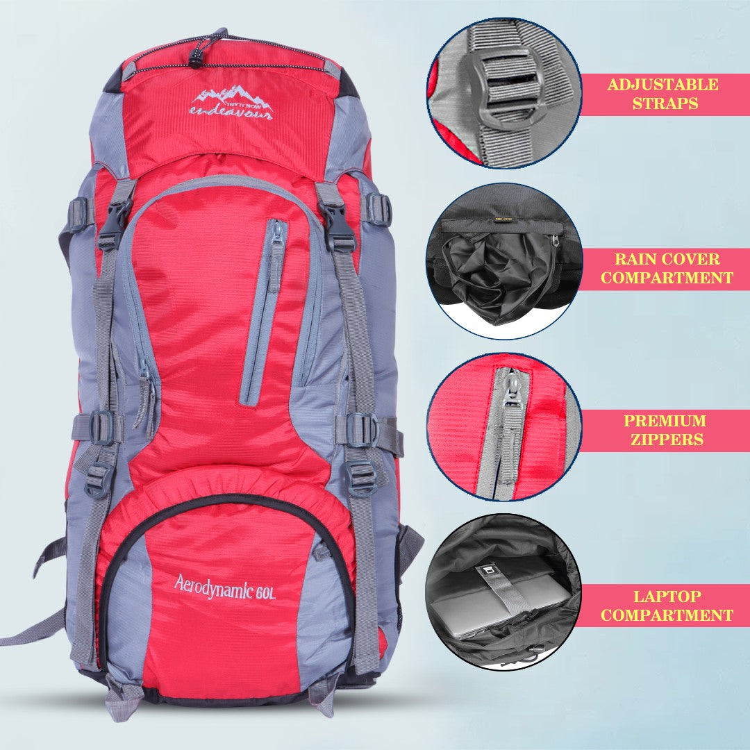 Endeavour Aerodynamic Rucksack For Hiking/Camping/Trekking with Rain Cover/Shoe & Laptop Compartment - 60 Ltr