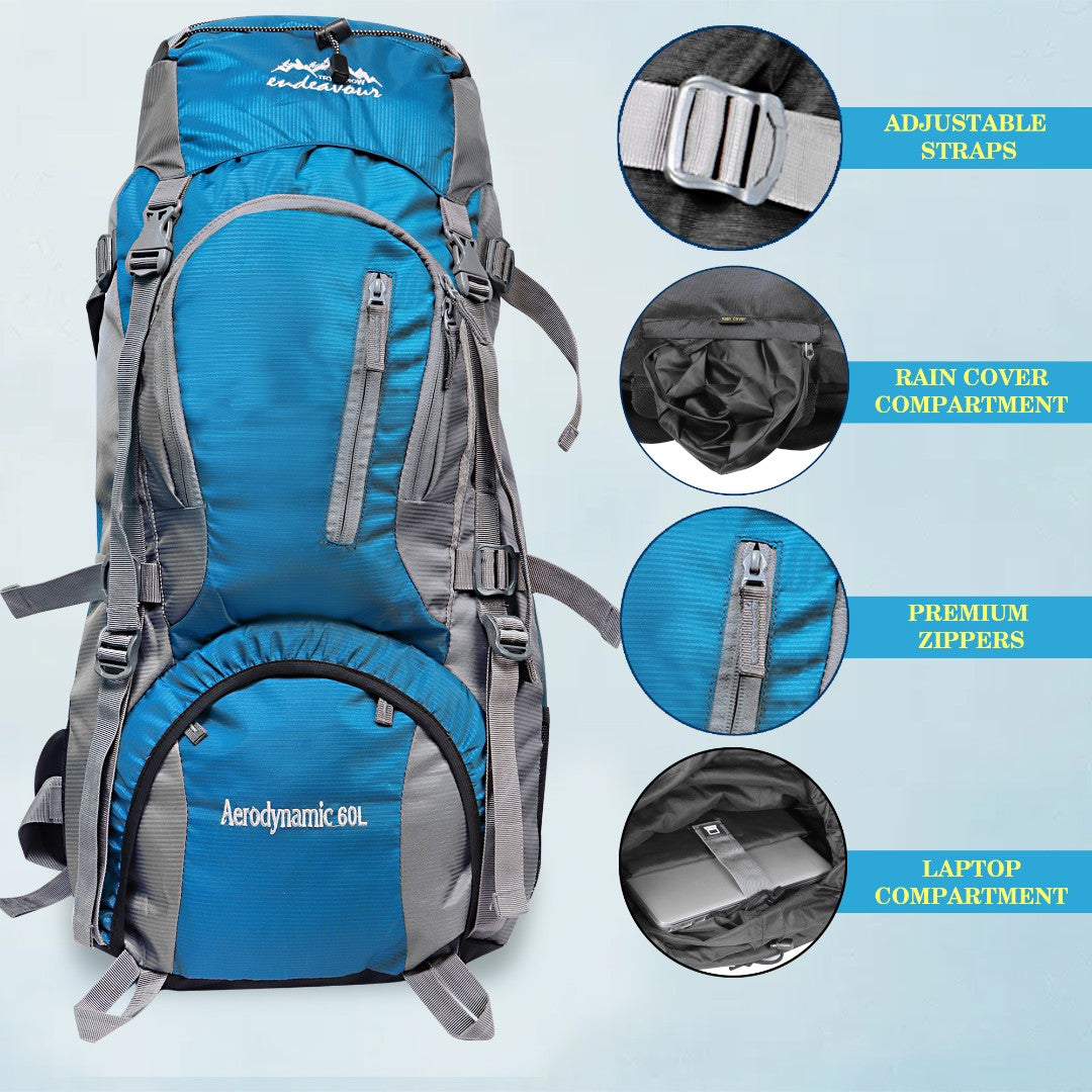 Endeavour Aerodynamic Rucksack For Hiking/Camping/Trekking with Rain Cover/Shoe & Laptop Compartment - 60 Ltr