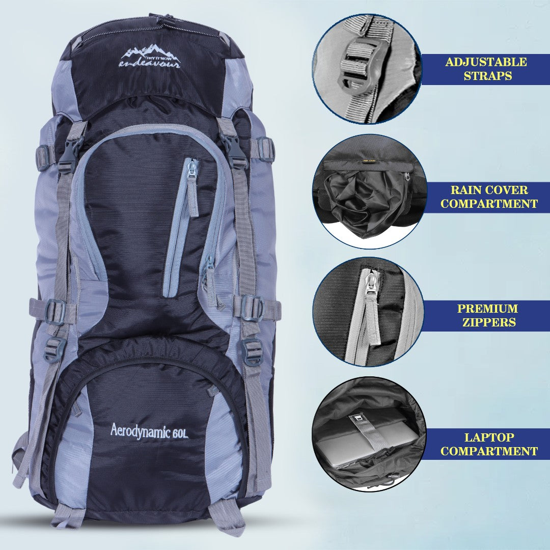 Endeavour Aerodynamic Rucksack For Hiking/Camping/Trekking with Rain Cover/Shoe & Laptop Compartment - 60 Ltr