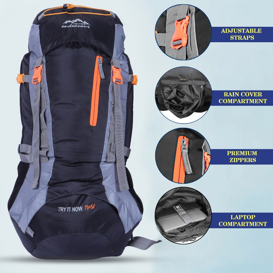 Endeavour Bold Rucksack For Hiking/Camping/Trekking with Rain Cover/Shoe & Laptop Compartment - 75 Ltr