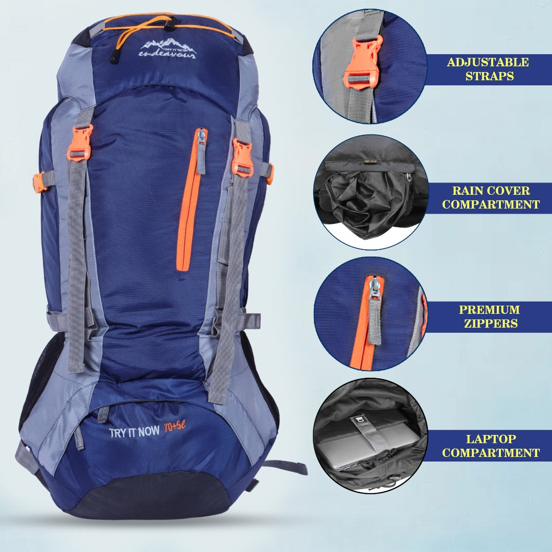 Endeavour Bold Rucksack For Hiking/Camping/Trekking with Rain Cover/Shoe & Laptop Compartment - 75 Ltr