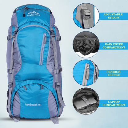 Endeavour Aerodynamic Rucksack For Hiking/Camping/Trekking with Rain Cover/Shoe & Laptop Compartment - 75 Ltr