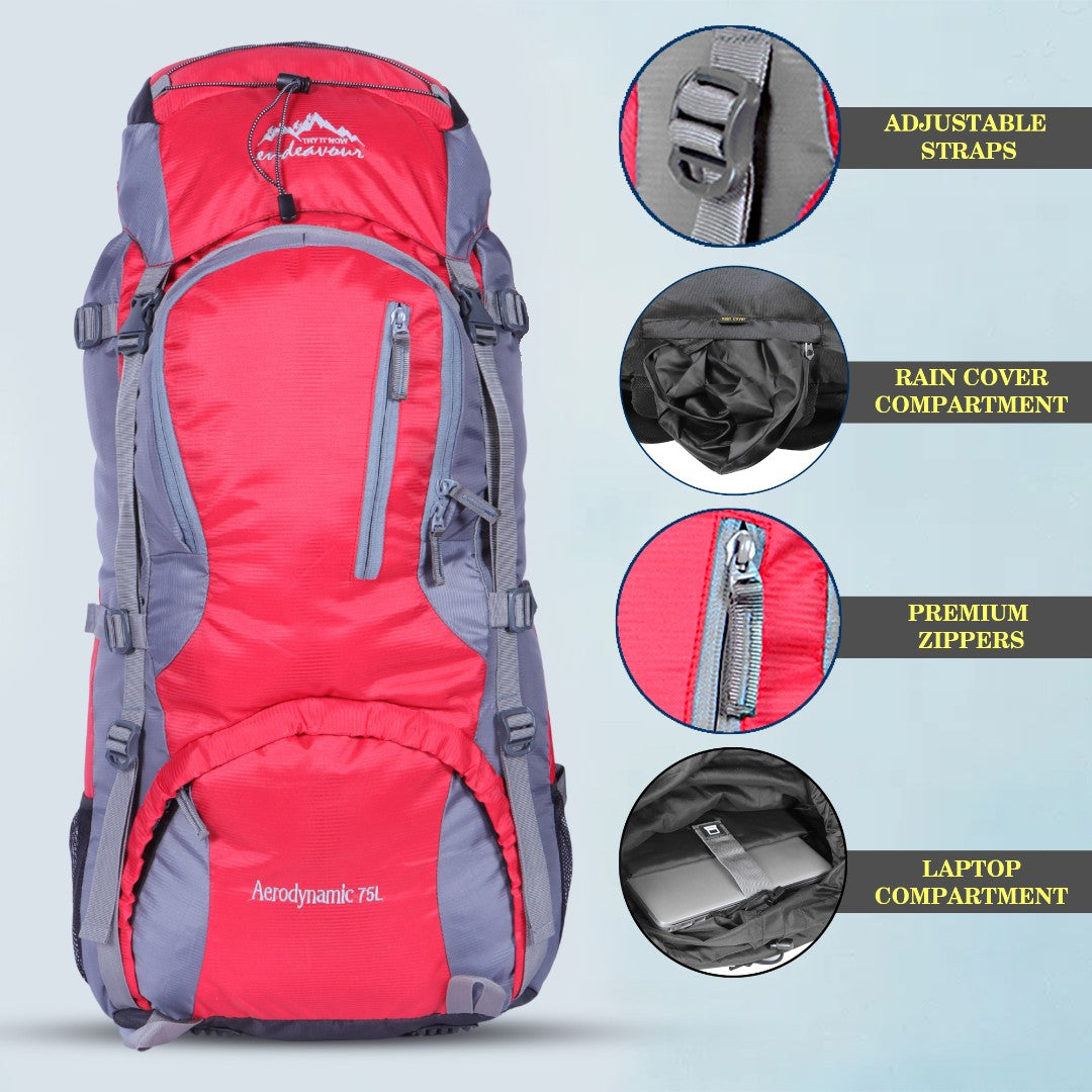 Endeavour Aerodynamic Rucksack For Hiking/Camping/Trekking with Rain Cover/Shoe & Laptop Compartment - 75 Ltr