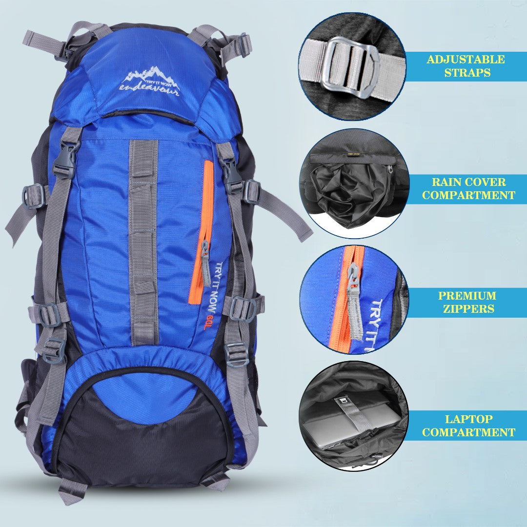 Endeavour Snow Rucksack for Hiking/Camping/Trekking with Rain Cover/Shoe & Laptop Compartment - 60 Ltr