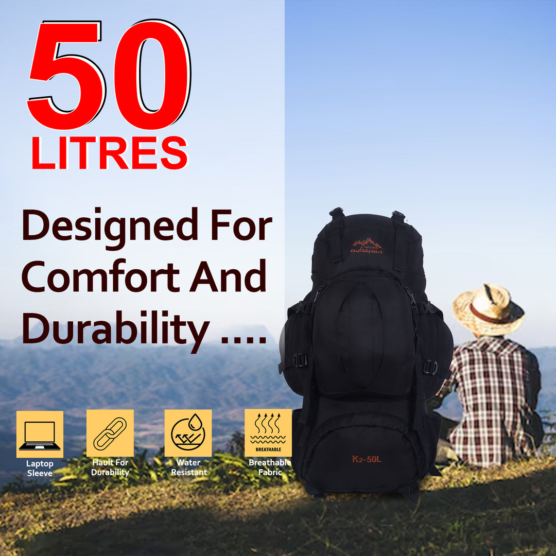 Endeavour K2 Military Rucksack For Hiking/Camping/Trekking with Rain Cover/Shoe & Laptop Compartment - 50 Ltr