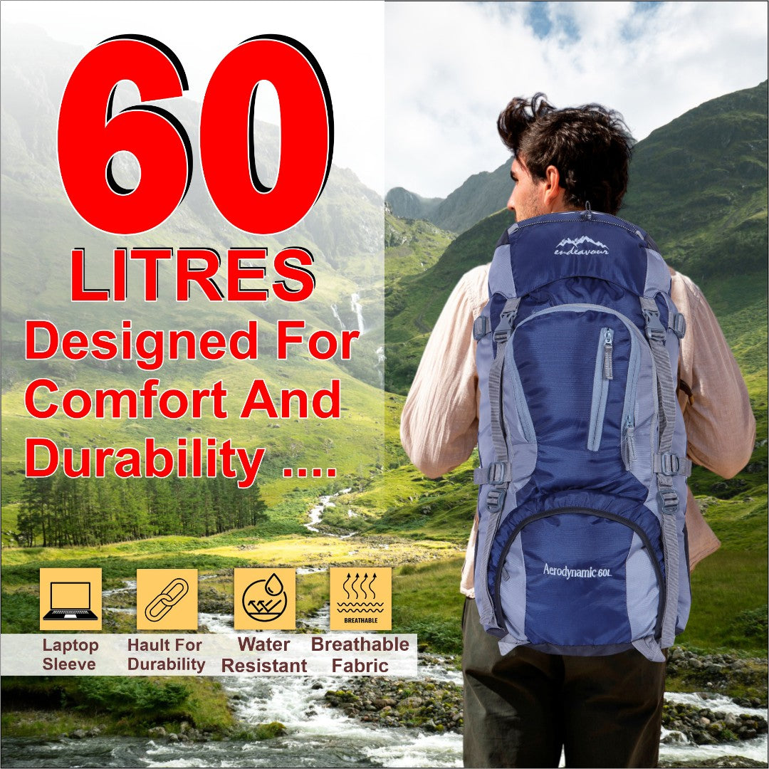 Endeavour Aerodynamic Rucksack For Hiking/Camping/Trekking with Rain Cover/Shoe & Laptop Compartment - 60 Ltr