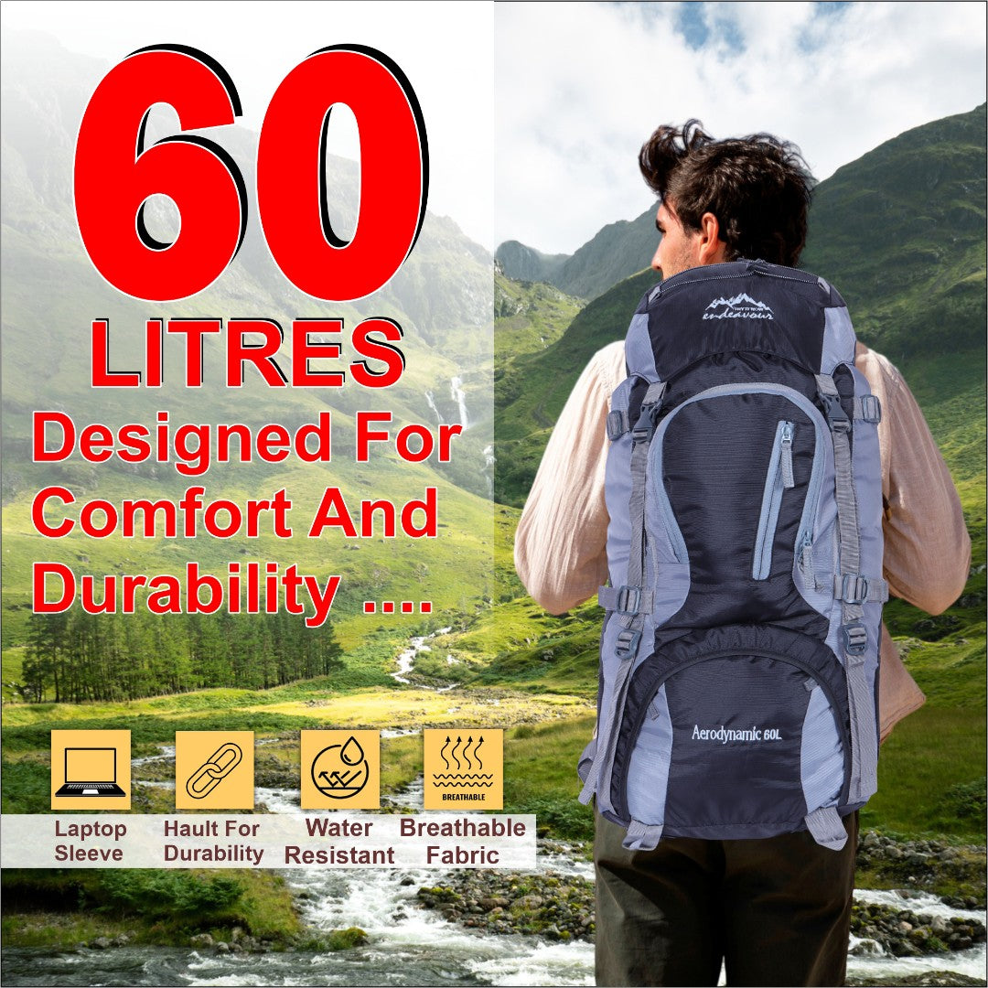 Endeavour Aerodynamic Rucksack For Hiking/Camping/Trekking with Rain Cover/Shoe & Laptop Compartment - 60 Ltr