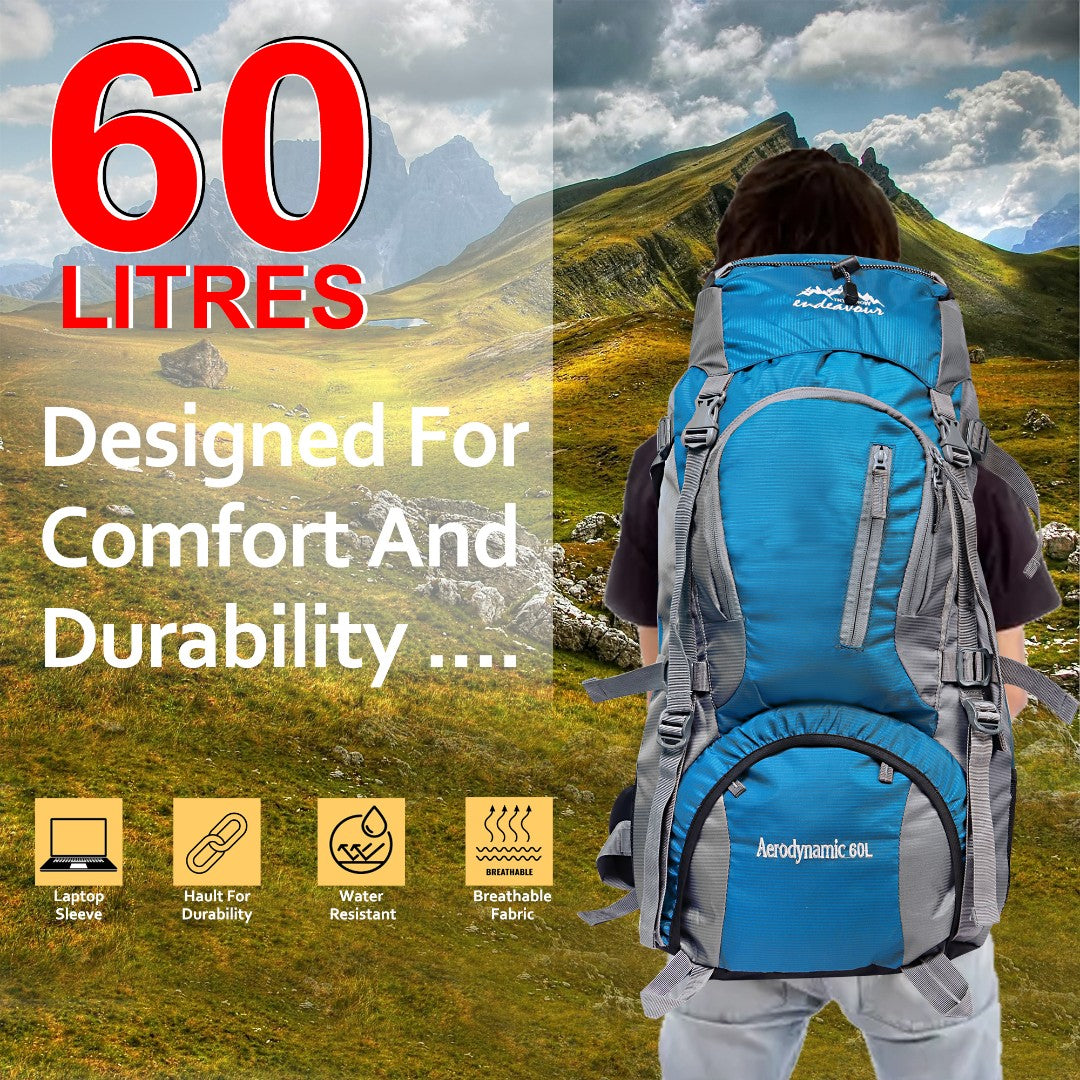 Endeavour Aerodynamic Rucksack For Hiking/Camping/Trekking with Rain Cover/Shoe & Laptop Compartment - 60 Ltr