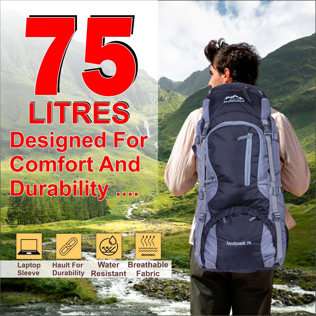 Endeavour Aerodynamic Rucksack For Hiking/Camping/Trekking with Rain Cover/Shoe & Laptop Compartment - 75 Ltr