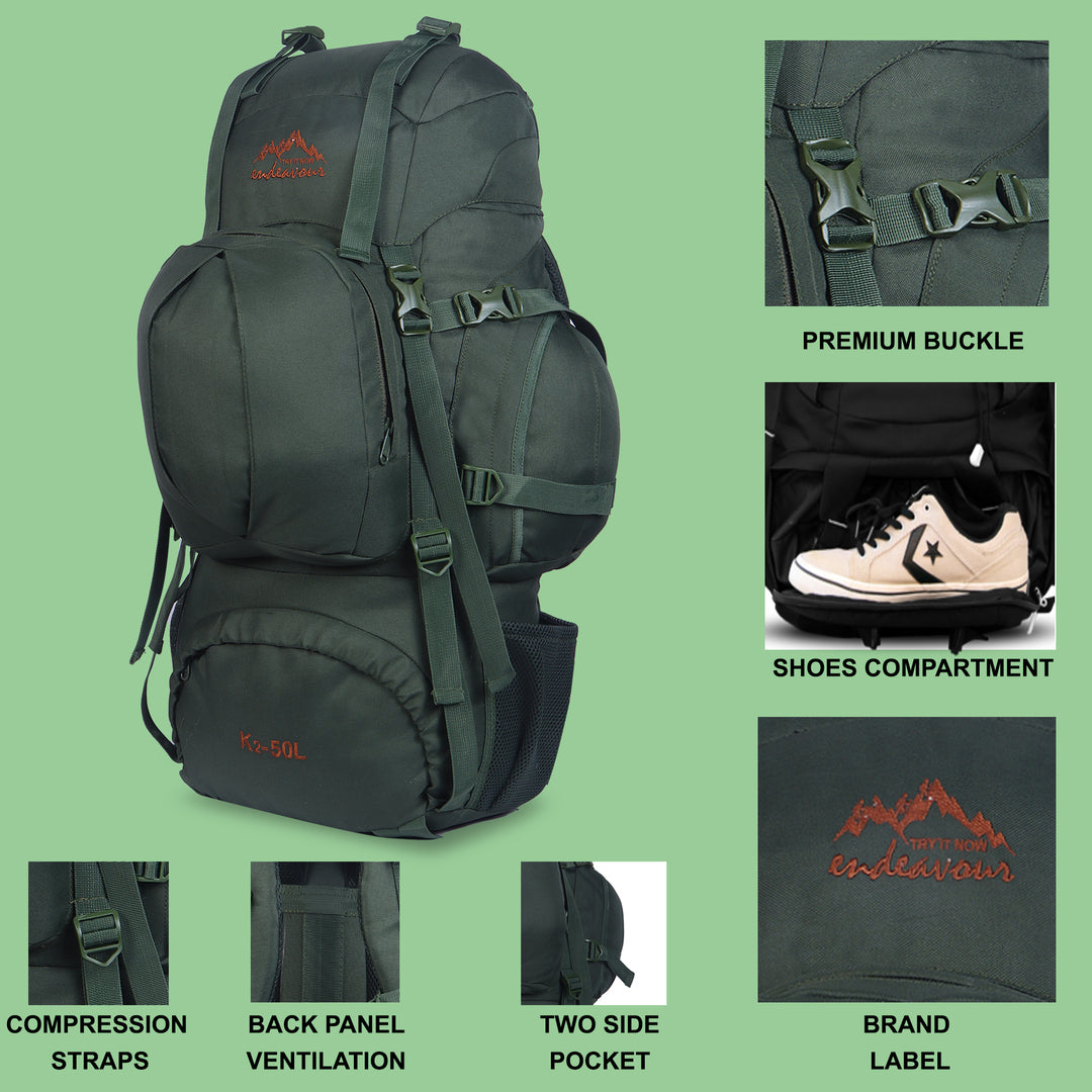 Endeavour K2 Military Rucksack For Hiking/Camping/Trekking with Rain Cover/Shoe & Laptop Compartment - 50 Ltr