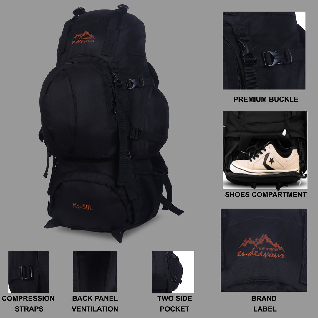 Endeavour K2 Military Rucksack For Hiking/Camping/Trekking with Rain Cover/Shoe & Laptop Compartment - 50 Ltr