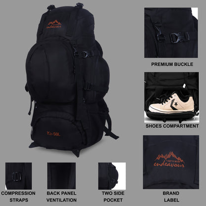 Endeavour K2 Military Rucksack For Hiking/Camping/Trekking with Rain Cover/Shoe & Laptop Compartment - 50 Ltr