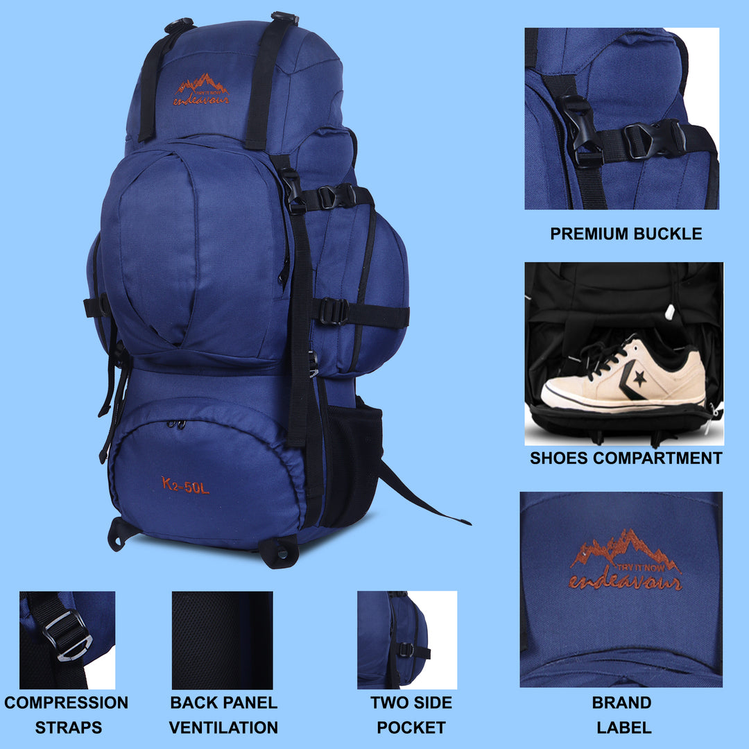 Endeavour K2 Military Rucksack For Hiking/Camping/Trekking with Rain Cover/Shoe & Laptop Compartment - 50 Ltr