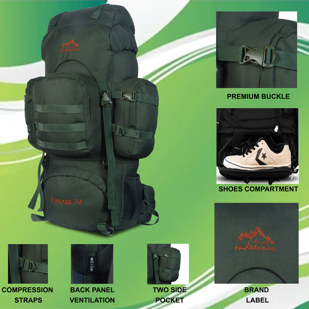 Endeavour Everest Military Rucksack For Hiking/Camping/Trekking with Rain Cover/Shoe & Laptop Compartment - 75 Ltr