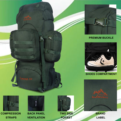Endeavour Everest Military Rucksack For Hiking/Camping/Trekking with Rain Cover/Shoe & Laptop Compartment - 75 Ltr