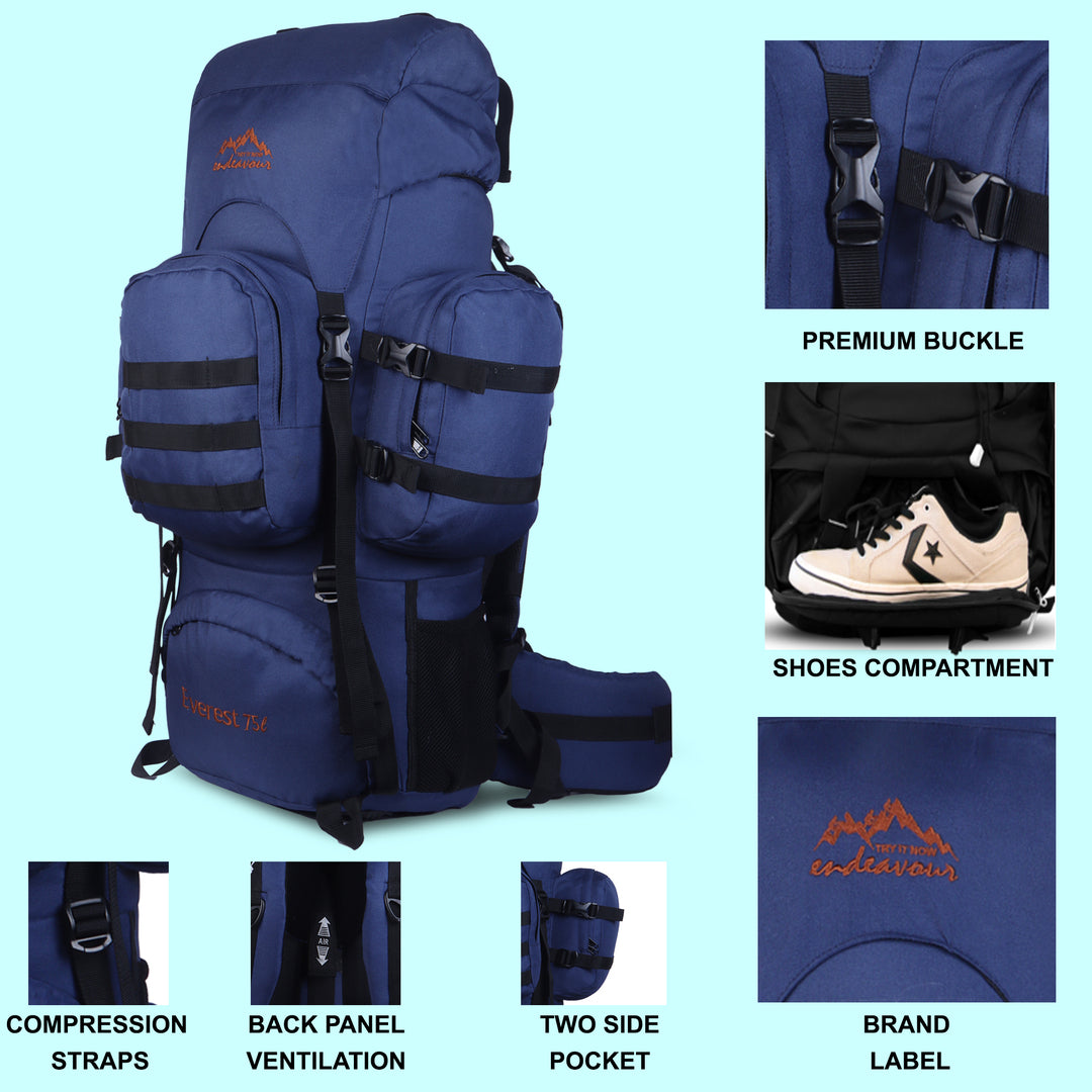 Endeavour Everest Military Rucksack For Hiking/Camping/Trekking with Rain Cover/Shoe & Laptop Compartment - 75 Ltr