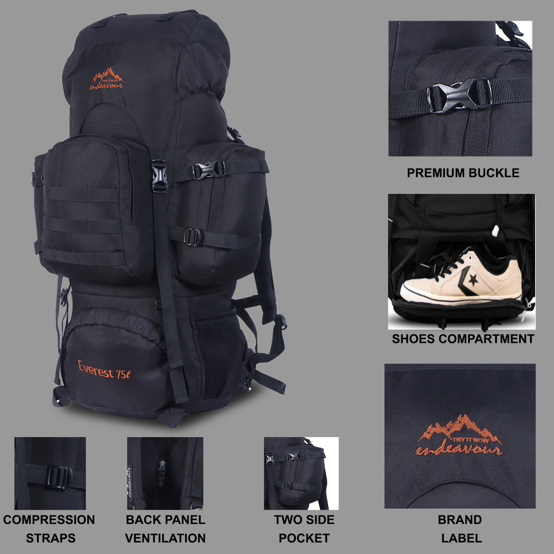 Endeavour Everest Military Rucksack For Hiking/Camping/Trekking with Rain Cover/Shoe & Laptop Compartment - 75 Ltr