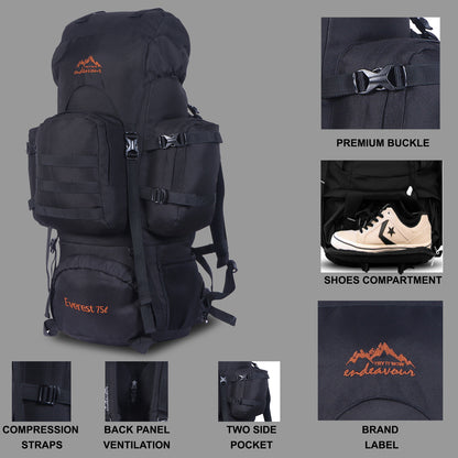 Endeavour Everest Military Rucksack For Hiking/Camping/Trekking with Rain Cover/Shoe & Laptop Compartment - 75 Ltr