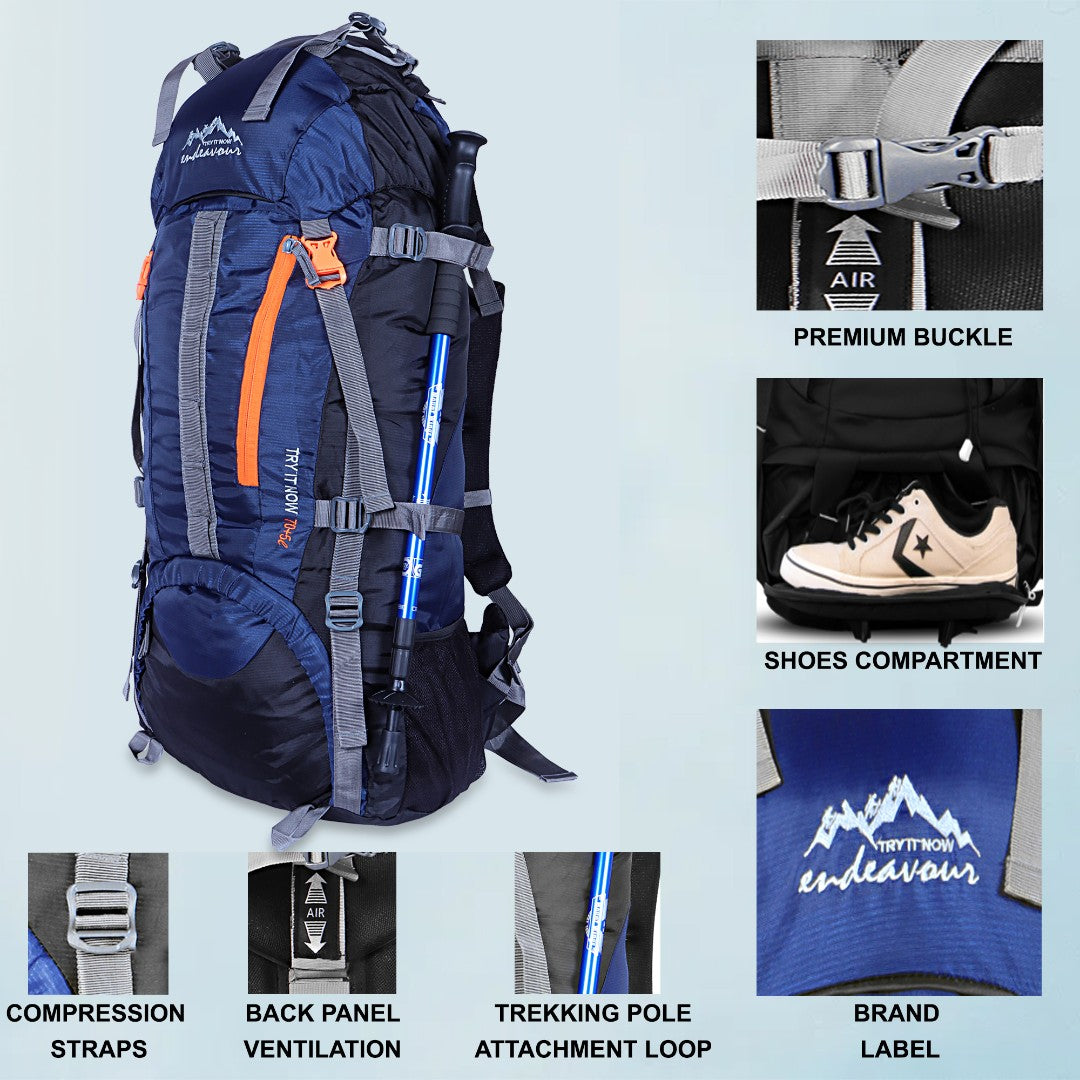 Endeavour Ocean Rucksack For Hiking/Camping/Trekking with Rain Cover/Shoe & Laptop Compartment - 75 Ltr