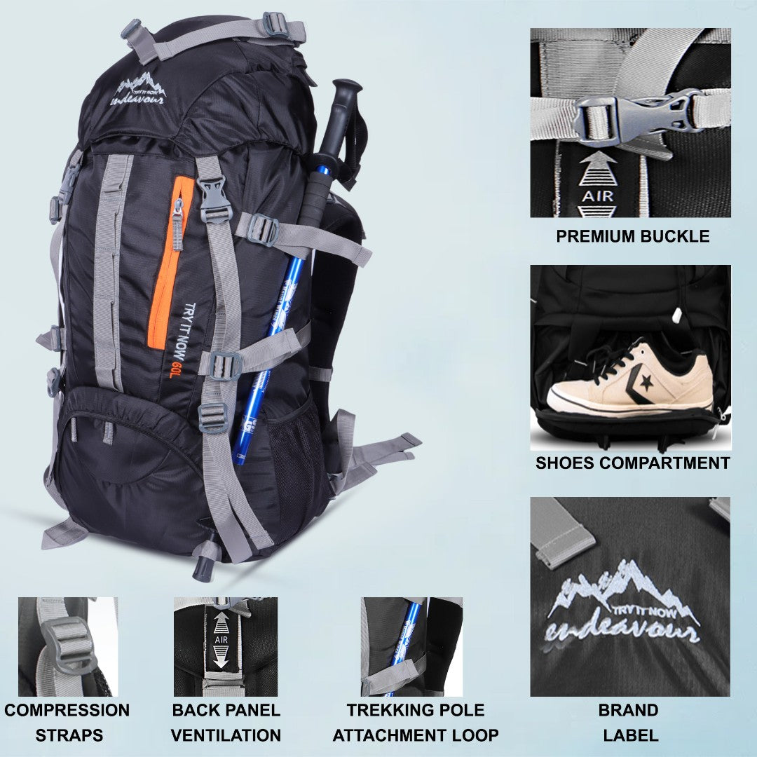Endeavour Snow Rucksack for Hiking/Camping/Trekking with Rain Cover/Shoe & Laptop Compartment - 60 Ltr