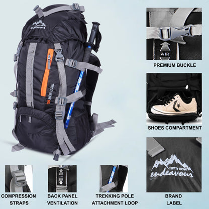 Endeavour Snow Rucksack for Hiking/Camping/Trekking with Rain Cover/Shoe & Laptop Compartment - 60 Ltr
