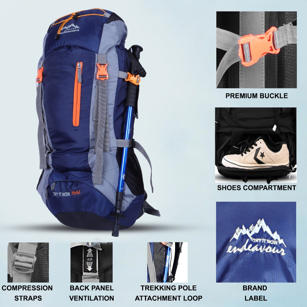 Endeavour Bold Rucksack For Hiking/Camping/Trekking with Rain Cover/Shoe & Laptop Compartment - 75 Ltr