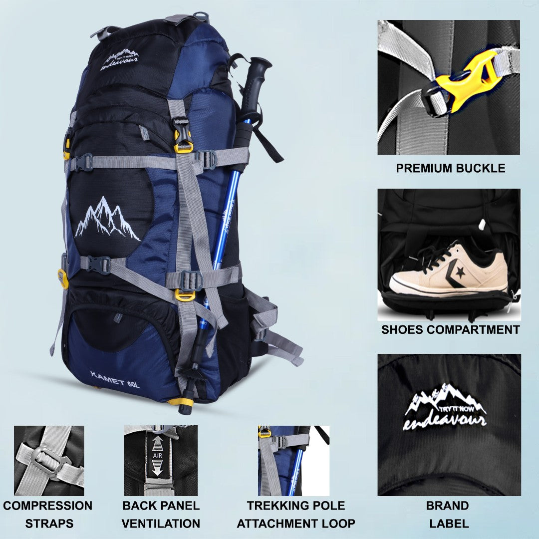 Endeavour Kamet Rucksack For Hiking/Camping/Trekking with Rain Cover/Shoe & Laptop Compartment - 60 Ltr