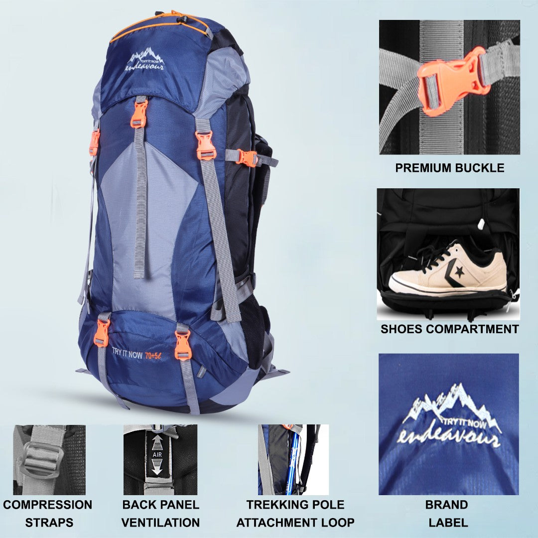Endeavour Mount Rucksack For Hiking/Camping/Trekking with Rain Cover/Shoe & Laptop Compartment - 75 Ltr