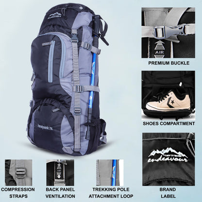 Endeavour Aerodynamic Rucksack For Hiking/Camping/Trekking with Rain Cover/Shoe & Laptop Compartment - 75 Ltr