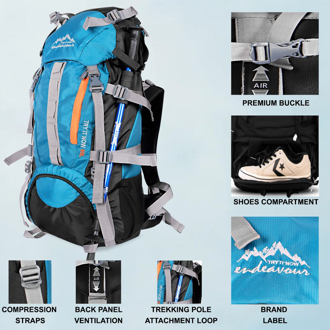 Endeavour Snow Rucksack for Hiking/Camping/Trekking with Rain Cover/Shoe & Laptop Compartment - 60 Ltr