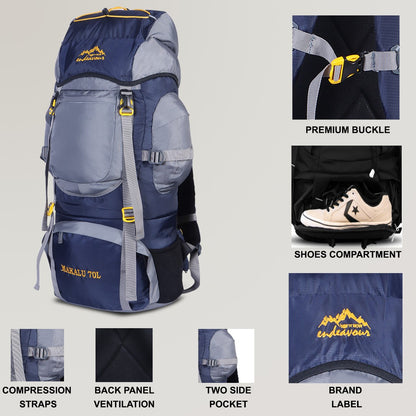 Endeavour Makalu Rucksack For Hiking/Camping/Trekking with Rain Cover/Shoe Compartment - 70 Ltr