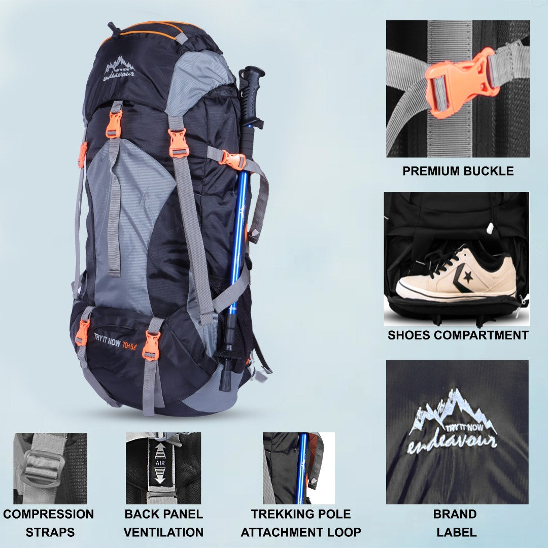 Endeavour Mount Rucksack For Hiking/Camping/Trekking with Rain Cover/Shoe & Laptop Compartment - 75 Ltr