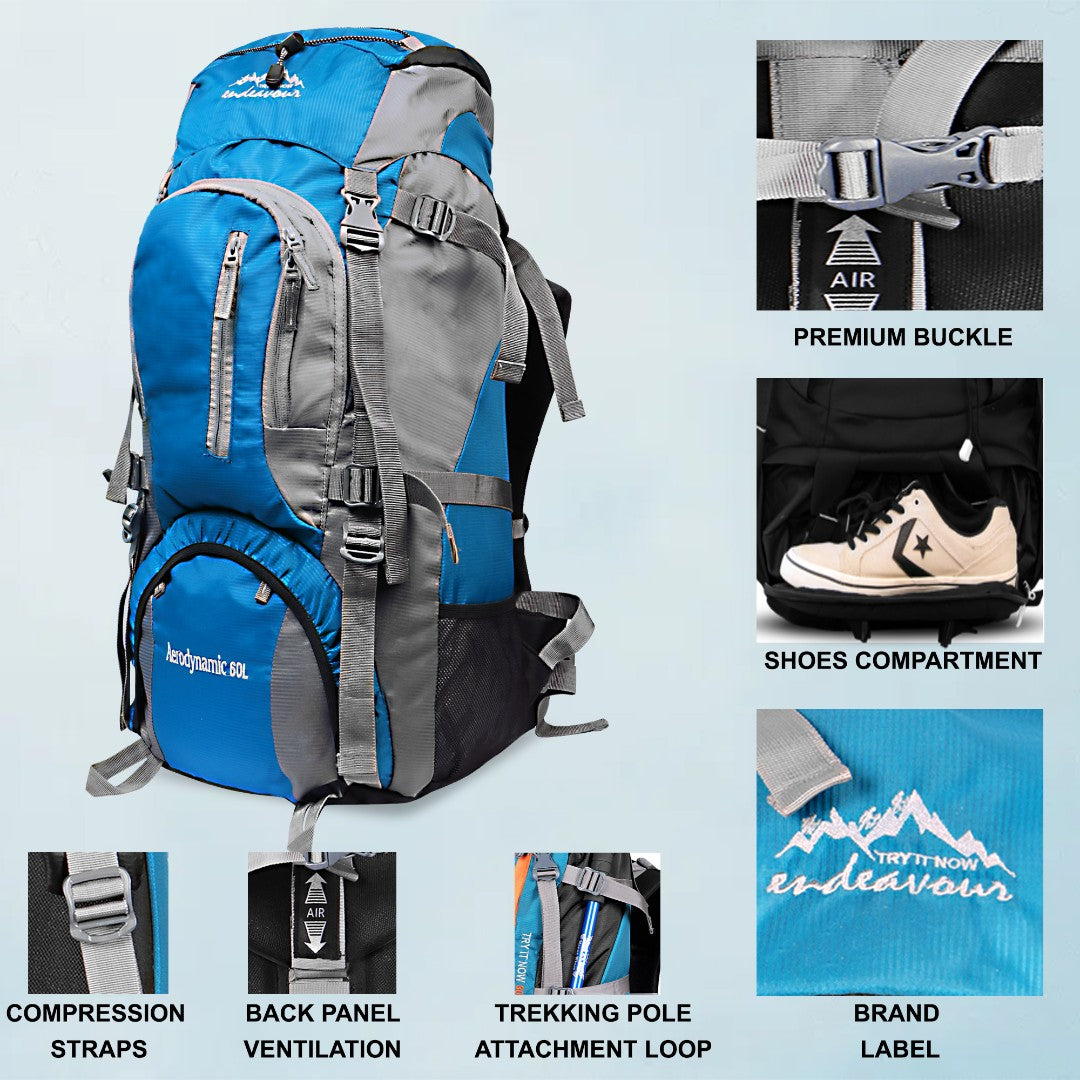 Endeavour Aerodynamic Rucksack For Hiking/Camping/Trekking with Rain Cover/Shoe & Laptop Compartment - 60 Ltr