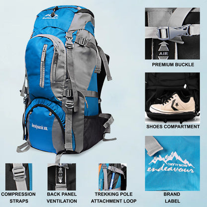 Endeavour Aerodynamic Rucksack For Hiking/Camping/Trekking with Rain Cover/Shoe & Laptop Compartment - 60 Ltr