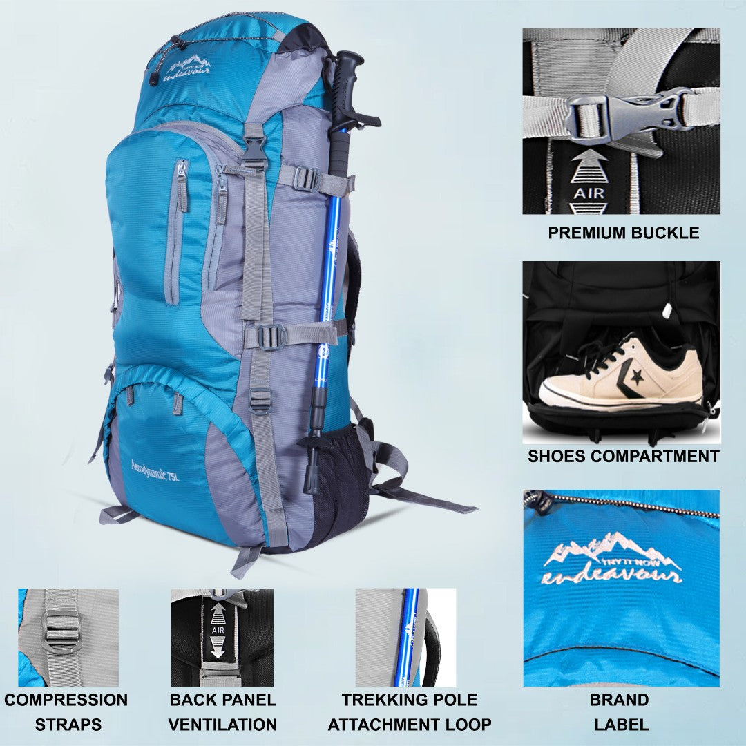 Endeavour Aerodynamic Rucksack For Hiking/Camping/Trekking with Rain Cover/Shoe & Laptop Compartment - 75 Ltr