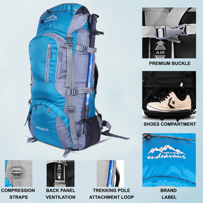Endeavour Aerodynamic Rucksack For Hiking/Camping/Trekking with Rain Cover/Shoe & Laptop Compartment - 75 Ltr