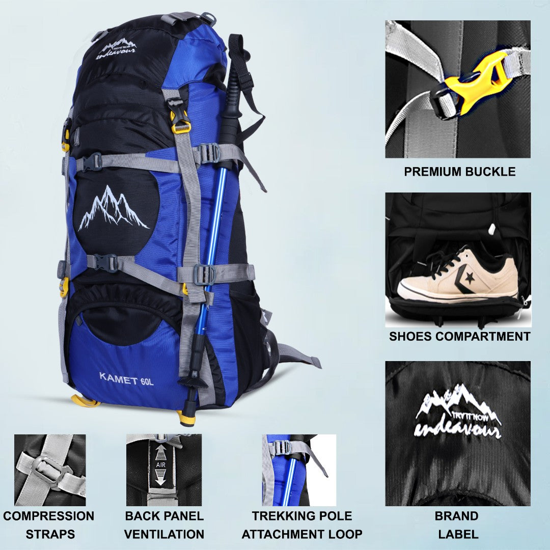 Endeavour Kamet Rucksack For Hiking/Camping/Trekking with Rain Cover/Shoe & Laptop Compartment - 60 Ltr