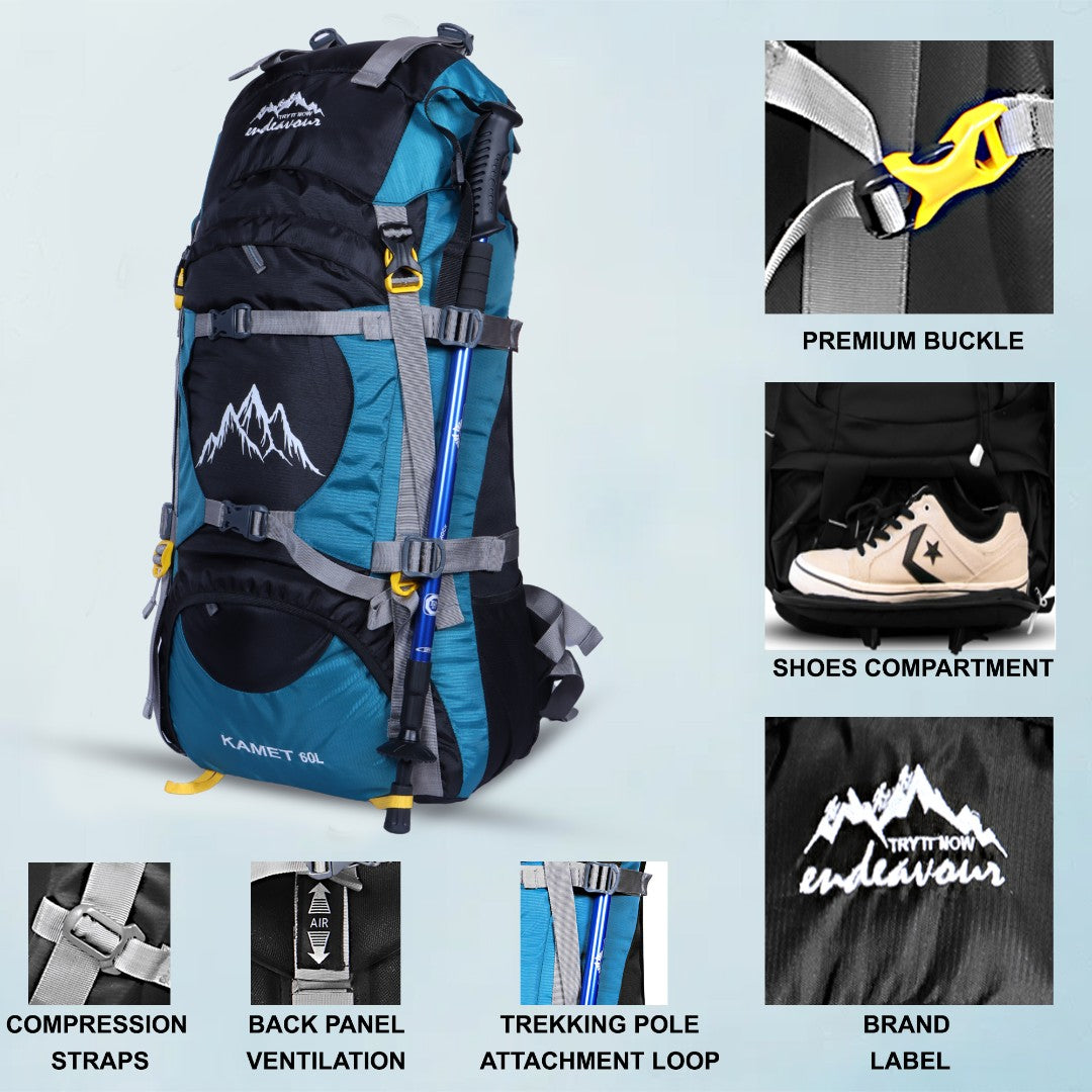 Endeavour Kamet Rucksack For Hiking/Camping/Trekking with Rain Cover/Shoe & Laptop Compartment - 60 Ltr