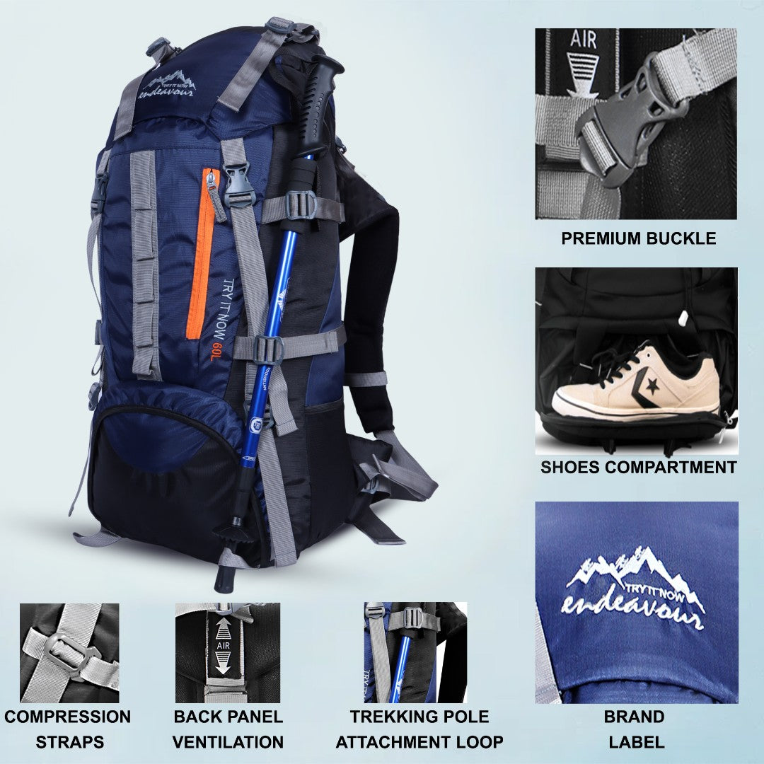 Endeavour Snow Rucksack for Hiking/Camping/Trekking with Rain Cover/Shoe & Laptop Compartment - 60 Ltr