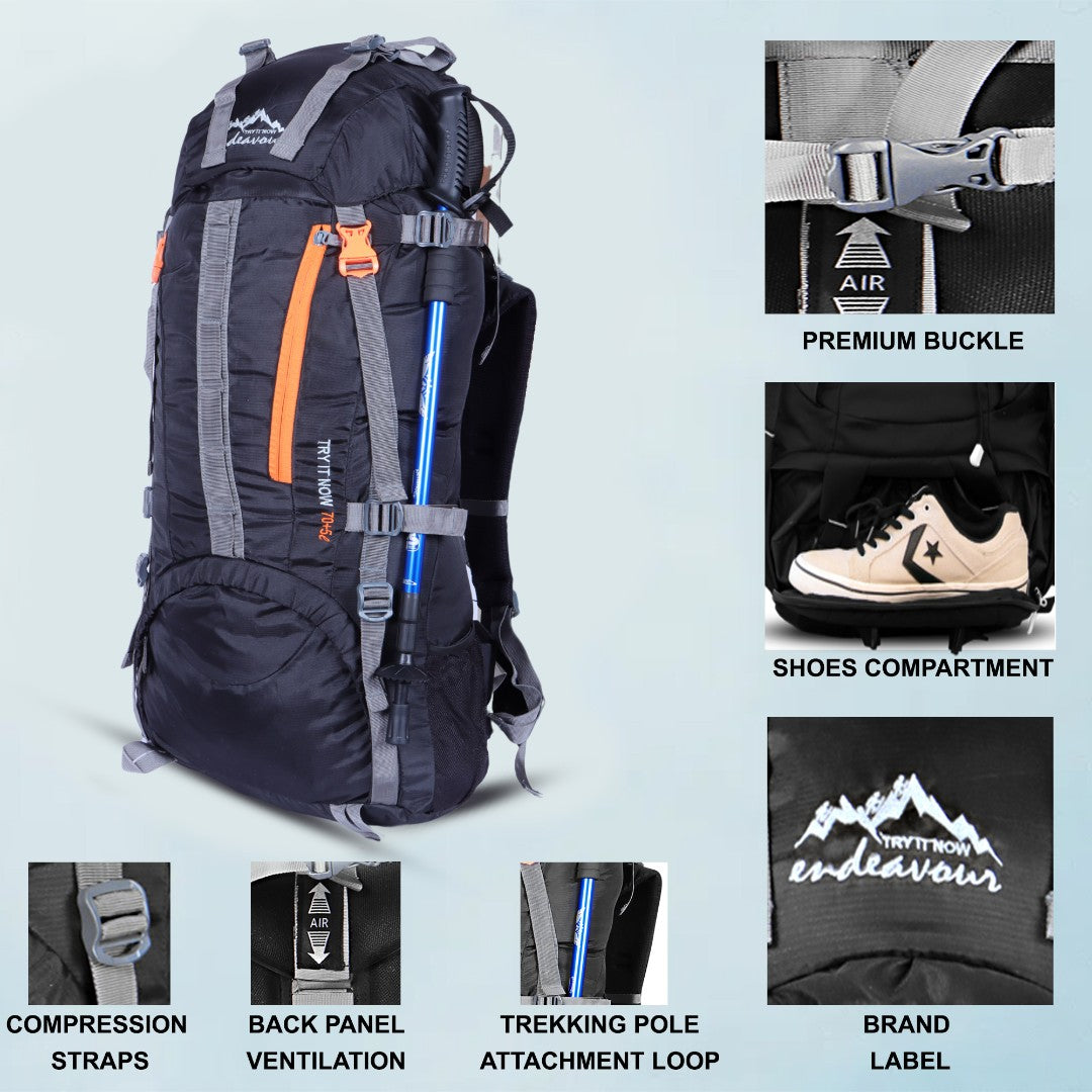 Endeavour Ocean Rucksack For Hiking/Camping/Trekking with Rain Cover/Shoe & Laptop Compartment - 75 Ltr