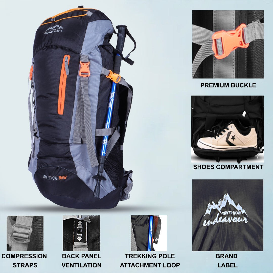 Endeavour Bold Rucksack For Hiking/Camping/Trekking with Rain Cover/Shoe & Laptop Compartment - 75 Ltr