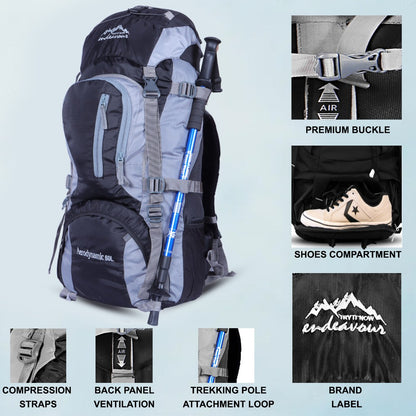Endeavour Aerodynamic Rucksack For Hiking/Camping/Trekking with Rain Cover/Shoe & Laptop Compartment - 60 Ltr