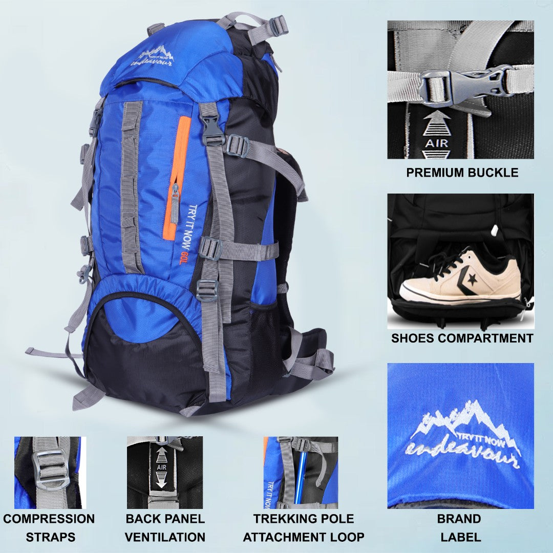 Endeavour Snow Rucksack for Hiking/Camping/Trekking with Rain Cover/Shoe & Laptop Compartment - 60 Ltr