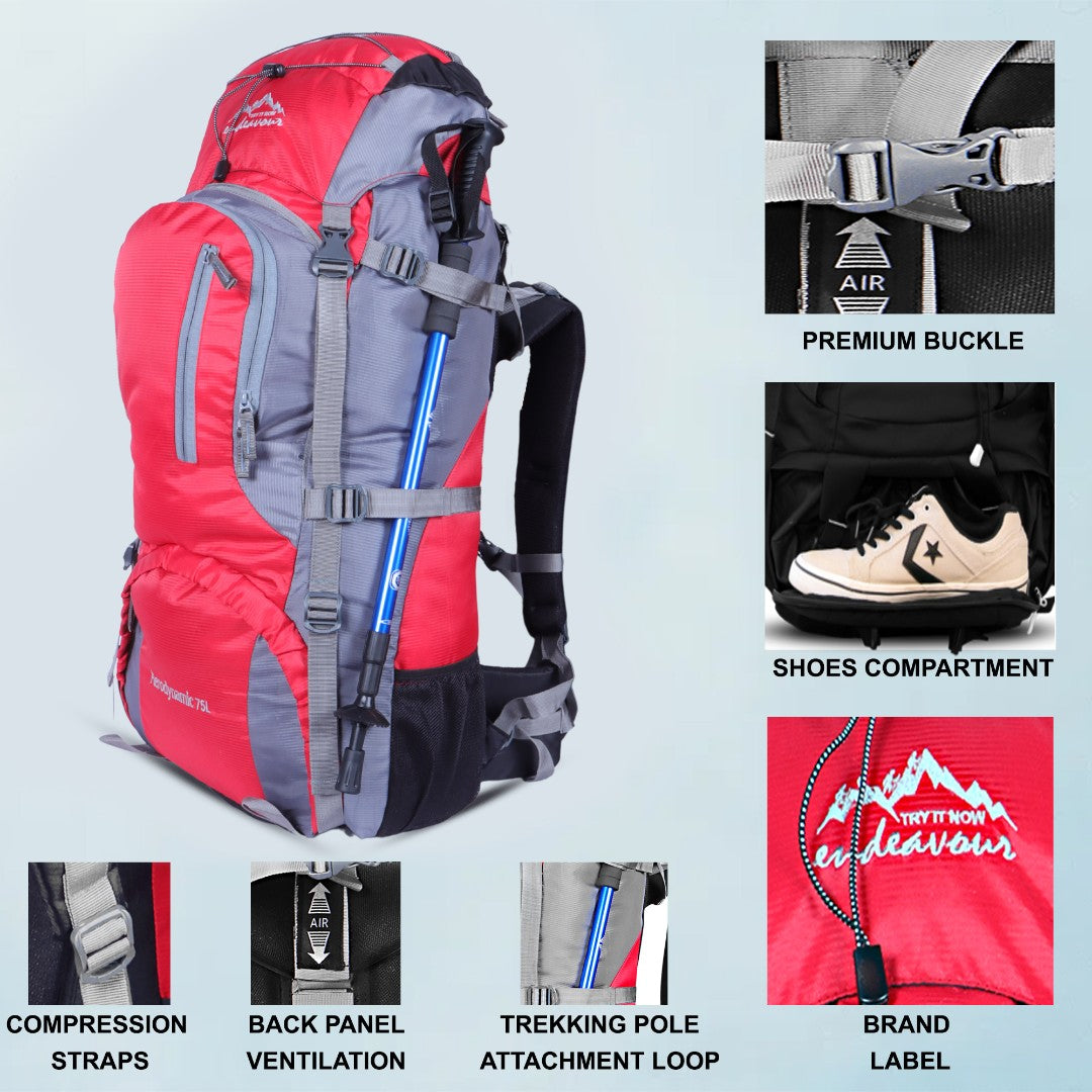 Endeavour Aerodynamic Rucksack For Hiking/Camping/Trekking with Rain Cover/Shoe & Laptop Compartment - 75 Ltr